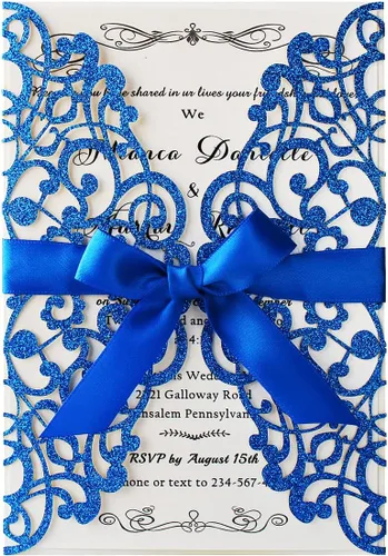 Vista 9 de Hosmsua 20 unidades de invitaciones de boda con flores de 13 x 18,5 cm con purpurina y corte láser con cintas y sobres para boda, despedida