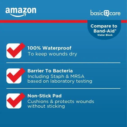 Vista 5 de Amazon Basic Care Vendas adhesivas impermeables transparentes, suministros de primeros auxilios y cuidado de heridas, tamaños surtidos, 100