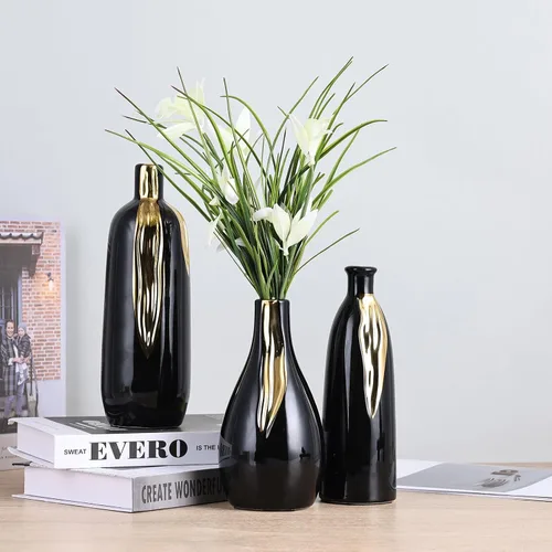Vista 4 de Juego de 3 jarrones negros y dorados, jarrones decorativos modernos de cerámica para sala de estar, recámara, decoración artística, chimenea