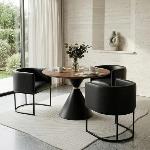 Vista 50 de HNY Silla de comedor moderna de mediados de siglo tapizada en forma de barril, negra, con brazos, silla de cocina y comedor de cuero, silla auxiliar
