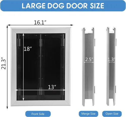 Vista 3 de SmarketBuy Puerta grande para perro, puerta de aluminio resistente a la intemperie con cierre automático, paneles dobles fáciles de instalar, puerta