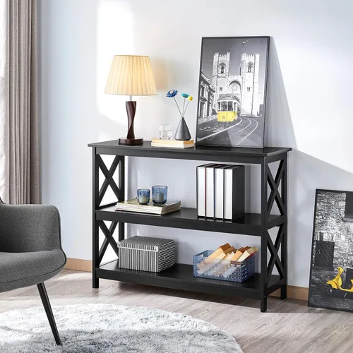 Vista 2 de Yaheetech Soportes de televisión y centros de entretenimiento con estante de almacenamiento de 3 niveles soporte de TV para sala de estar, negro