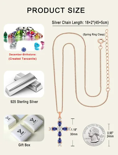 Vista 163 de YL Collar de cruz de plata de ley 925 con colgante de piedra natal religiosa para mujer