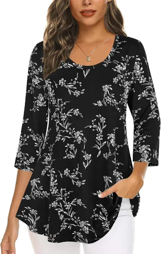 Vista 9 de Tencole Camisas de manga 3/4 para mujer Blusas tipo túnica elegantes Ropa casual con floral Aguamarina Beige