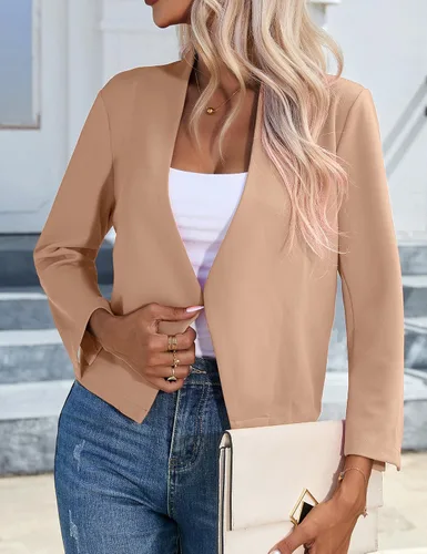 Vista 2 de KOJOOIN Blazer corto casual de otoño 2023 para mujer, manga 34, frente abierto, ligero, para trabajo, oficina, chaqueta bolero