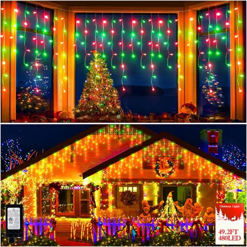 Vista 17 de FLVOECN 480 luces LED de Navidad de 49 pies, enchufables, 8 modos con temporizador, luces de hielo regulables, para exteriores, impermeables