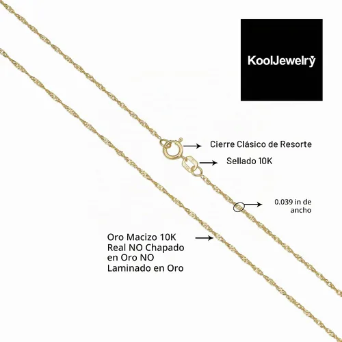 Vista 2 de Kooljewelry Cadena clásica de Singapur para mujer, collar de cadena de oro amarillo de 10 quilates, acabado pulido