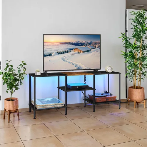 Vista 7 de Soporte de TV LED para dormitorio, soporte de TV negro de 50 pulgadas con toma de corriente, centro de entretenimiento pequeño de 3 niveles