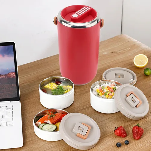 Vista 2 de TOPINCN Termo para comida caliente, 3 capas, apilable, aislada, caja de almuerzo aislada al vacío de acero inoxidable de 2.6 L, recipiente