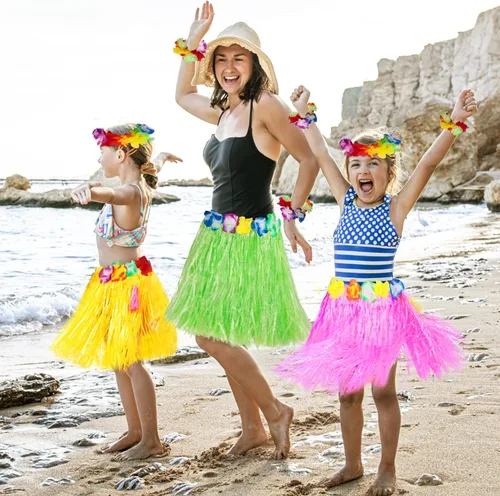 Vista 6 de Garma Juego de faldas de hierba hawaiana para fiesta Luau, 12 faldas hawaianas de Luau Hula 12 diademas y 24 pulseras para suministros de fiesta
