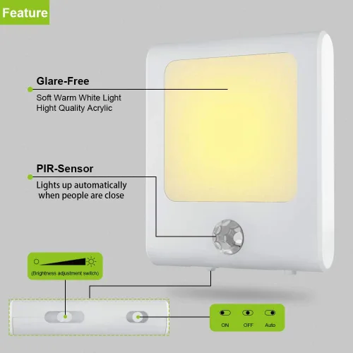 Vista 2 de MAZ-TEK Luces con sensor de movimiento enchufables con brillo ajustable, luz nocturna LED blanca cálida activada por movimiento para pasillo