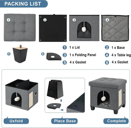 Vista 4 de BRIAN & DANY Casa plegable para gatos, cueva para gatos, cubo para gatos con tablero de rascar y bola, 14.7 x 14.1 x 12.7 pulgadas, gris