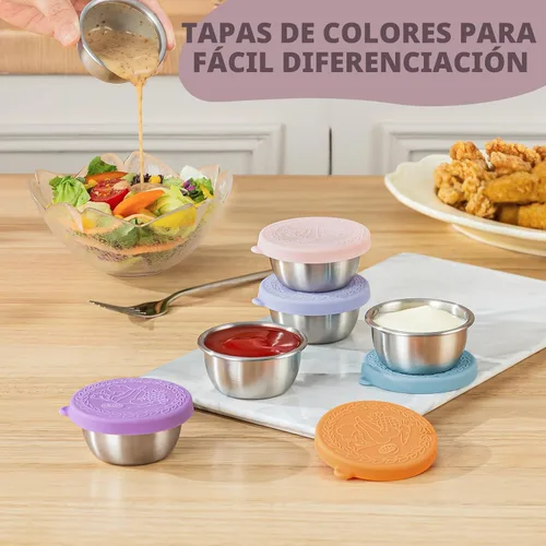 Vista 4 de Paquete de 8 recipientes pequeños para aderezo de ensalada de 1.6 onzas para llevar, tazas de salsa con tapas 1.6 OZ-Multicolor