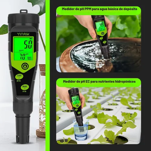 Vista 5 de Probador de Sal para Piscina, Medidor Digital 5 en 1 de pH, TDS, EC y Salinidad con Kit de Solución de Calibración, Visualización Simultánea de ppm