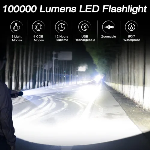 Vista 2 de Linternas recargables de alto lúmenes, linterna LED de 99,000 lúmenes, luz de flash brillante con 7 modos, linternas para campamento, hogar, IPX7