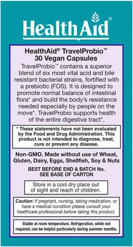 Vista 3 de HealthAid TravelProbio - Probiótico de 20 mil millones de UFC – Saccharomyces boulardii + Prebiótico (FOS), resistente a ácidos y bilis – Vegano una