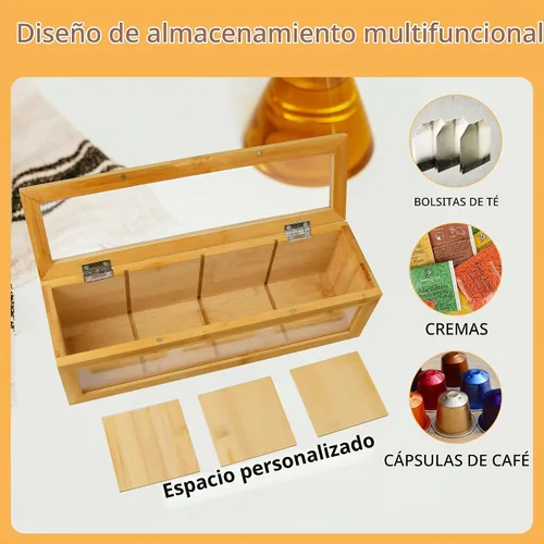 Vista 3 de Organizador de bolsas de té, soporte para bolsas de té de bambú, con tapa magnética y ventana, 4 compartimentos para almacenamiento de bolsas de té