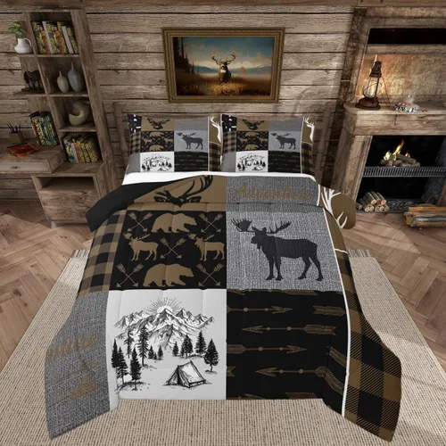 Vista 16 de Juego de edredón de cabaña rústica navideña, juego de ropa de cama estilo rústico con diseño de osos y ciervos, tamaño completo, patchwork Multi 08