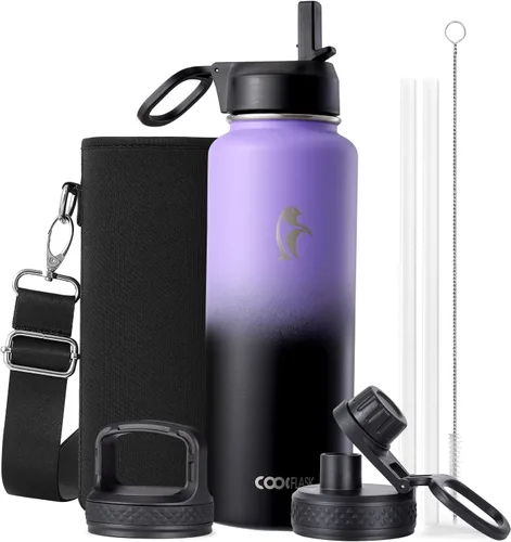 Vista 48 de Coolflask Botella de agua de 24 onzas aislada con pajilla, 3 tapas de metal de acero inoxidable, botella de agua de boca ancha para deportes u