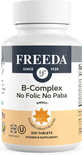 Vista 8 de Freeda Complejo de vitamina B, sin fólico, sin PABA, suplemento vitamínico kosher complejo súper B con vitamina B1, vitamina B2, vitamina B3