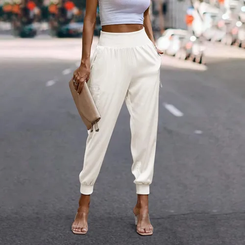 Vista 3 de FUMOOD Pantalones deportivos de satén para mujer, casuales, de cintura alta, sin botones, casuales, hasta el tobillo, de satén sedoso, cargo