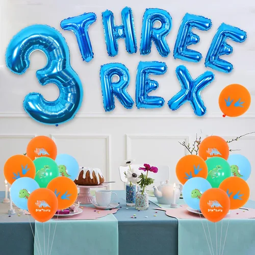 Vista 2 de Decoraciones de cumpleaños de dinosaurios 3D para niños, globo de aluminio azul con el número 3, pancarta de globos Rex 3 para fiesta de cumpleaños