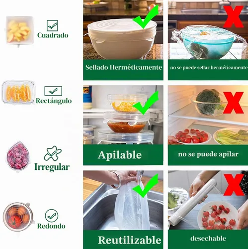 Vista 6 de Tapas elásticas de silicona, paquete de 12 tapas de silicona reutilizables para almacenamiento de alimentos, cubiertas de silicona sin BPA