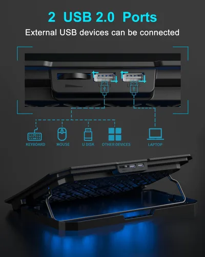 Vista 4 de KeiBn Almohadilla de enfriamiento para laptop, enfriador de laptop para juegos, 2 ventiladores para portátiles de 10 a 15.6 pulgadas, 5 soportes