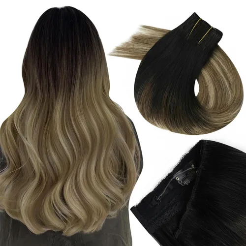 Vista 45 de Easyouth Extensión de cabello humano rubio con cola de caballo, extensiones de cabello humano rubio dorado con reflejos rubios, extensiones
