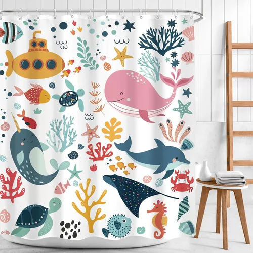 Vista 2 de Cortina de ducha para niños, océano, verano, linda ballena de dibujos animados, divertida decoración de baño para guardería, niños y niñas