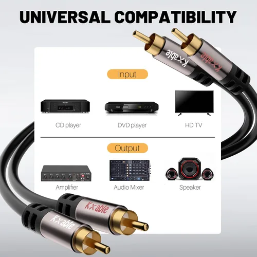 Vista 6 de Cable RCA de 4 pies, 2RCA macho a 2RCA macho cables de audio estéreo, analógico digital blindado dual, cable de subwoofer RCA de 2 RCA para cine