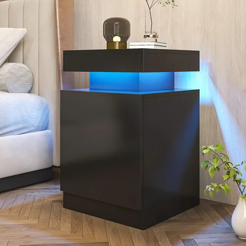 Vista 3 de oneinmil Juego de 2 mesitas de noche con luces LED, mesita de noche con armario de almacenamiento para dormitorio, mesita de noche con LED
