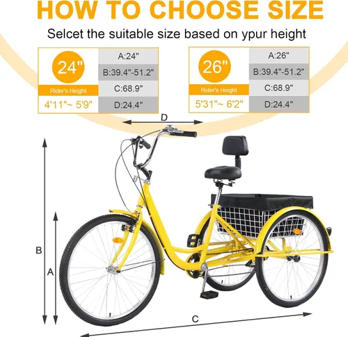 Vista 6 de Triciclo para adultos, triciclos para adultos de 24/26 pulgadas, bicicleta de crucero de 3 ruedas con cesta grande y asiento ajustable, triciclos