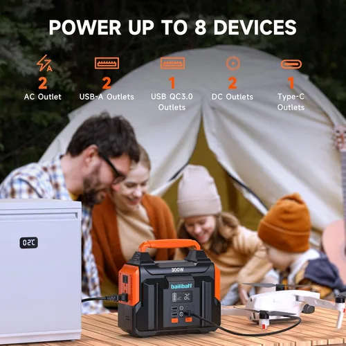 Vista 2 de Estación de energía portátil Bailibatt 300W, 257Wh, 4.6lbs Generador solar Naranja