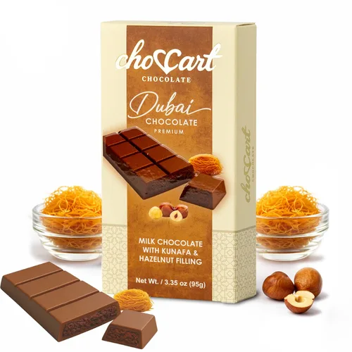 Vista 10 de Barra de chocolate ChoCart Dubai con algodón de azúcar y pistacho 95g de chocolate con leche belga prémium Delicia viral del Medio Oriente