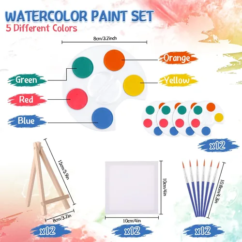 Vista 2 de Crtiin Mini juego de pintura de acuarela, regalos de 4 x 4 pulgadas, pequeños kits de pintura en lienzo con pinturas de caballete, pincel, fiesta
