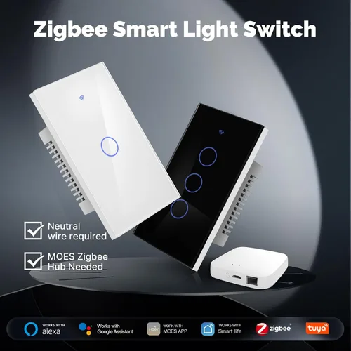 Vista 2 de MOES Zigbee - Interruptor inteligente de 1 banda, requiere MOES Zigbee Hub y cable neutro, interruptor de luz inteligente de un solo polo, funciona
