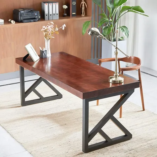 Vista 2 de Mesa industrial moderna de madera maciza, escritorio de computadora para oficina en casa, escritorio de estudio con soporte de metal y panel