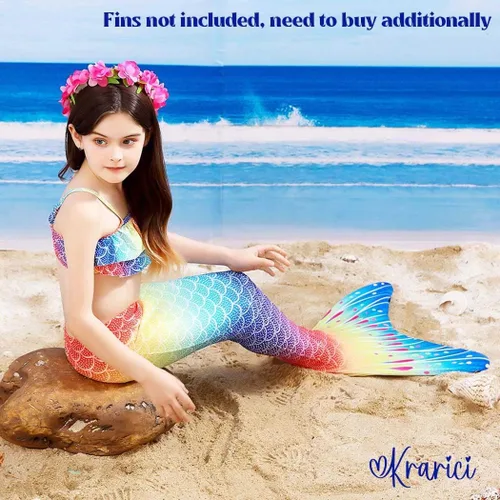 Vista 5 de Krarici Traje de baño de cola de sirena de 4 piezas, traje de baño de cola de natación, traje de cosplay para niñas y niños (sin monoaleta)