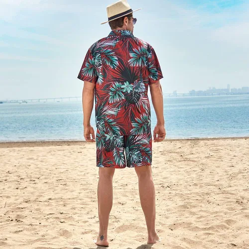 Vista 4 de Camisa hawaiana de 2 piezas para hombre, camisa casual de manga corta con botones