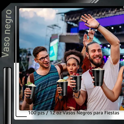 Vista 2 de Paquete de 100 vasos desechables de plástico negro de 12 onzas, vasos