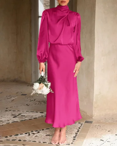 Vista 2 de BTFBM Vestido de satén con cuello alto falso para mujer, elegante, manga larga, cintura alta, formal, para boda, cóctel, fiesta, maxi vestidos