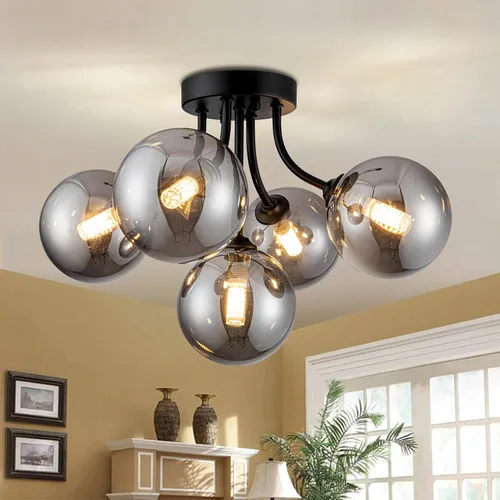 Vista 11 de Lámpara de techo Sputnik negra montaje semiempotrado lámpara de techo de 5 luces con globo blanco lechoso moderna lámpara de araña Sputnik