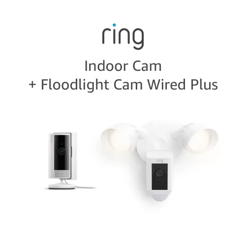 Vista 8 de Ring Floodlight Cam Wired Plus con la nueva cámara de interiores Ring Indoor Cam, color negro