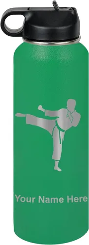 Vista 25 de Botella de agua personalizada LaserGram, Karate Man, de acero inoxidable con aislamiento al vacío de doble pared con tapa abatible, regalo grabado