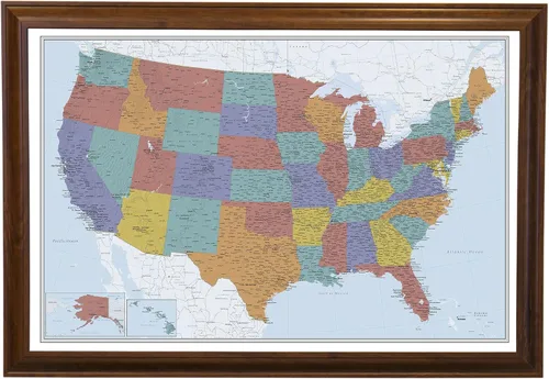 Vista 25 de Push Pin Travel Maps Lienzo personalizado Blue Oceans USA con marco gris de madera de granero