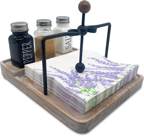 Vista 10 de Servilletero de madera rústica para mesa, decoración de mesa de cocina de granja, servilletero plano con brazo y asa con peso para el hogar, cocina