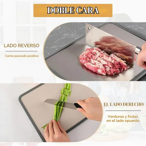 Vista 2 de Tabla de cortar de doble cara, tabla de cortar de acero inoxidable para cocina, grado alimenticio, acero inoxidable y paja de trigo PP, tabla