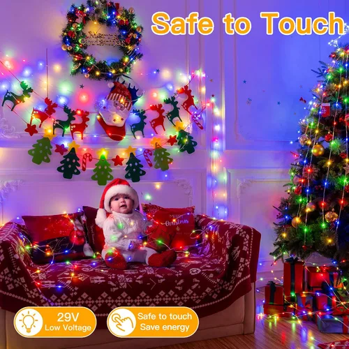 Vista 7 de Ollny Luces de Navidad para exteriores, 600 LED de 197 pies, luces multicolor para árbol de Navidad IP67, luces de hadas enchufables con control
