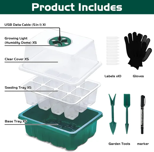 Vista 5 de Kit de bandeja de inicio de semillas con luz de crecimiento, paquete de 5 bandejas de semillas para plantas con cúpulas de humedad y cubiertas